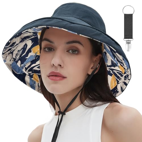 Womens Sun Hats Wide Brim Reversible Bucket Cotton Hat Packable Summer Travel Cap with Hat Clip (Medium / Navy Blue2)