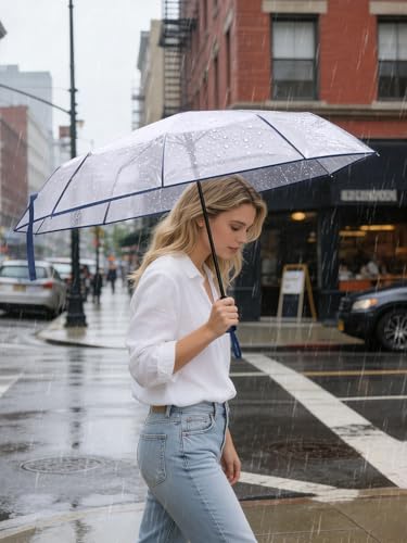 Windproof Travel Umbrellas for Rain and Sun (Clear-Navy Blue / 1 PK)