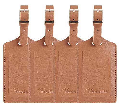 4 Pack Leather Luggage Tags for Suitcases Travel Labels (Yellowish Brown)