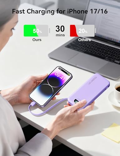 Portable Charger Power Bank 10000mAh with Built in Cables & Wall Plug (Violet)