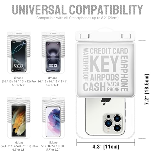 Universal Waterproof Phone Pouch [Double Space] IPX8 Dry Bag with Lanyard for iPhone 16 15 14 13 12 Pro Max XS XR X Galaxy S25 S24 S23 Ultra (White)