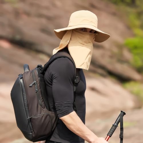 Sun Hats for Men Women Fishing Hat UPF 50+ Breathable Wide Brim Summer UV Protection Hat with Face Cover & Neck Flap (Khaki(with Face Cover & Neck Flap ))