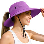 Ponytail Sun Bucket Hats for Women UV Protection Foldable Wide Brim (1 Pack-pure Purple)
