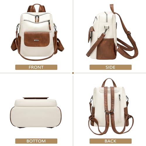 PU Leather Small Backpack Purse for Women Ladies White Brown (White Brown)