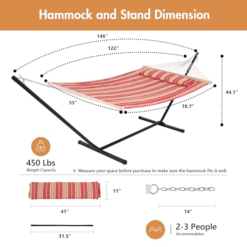 Outdoor Hammock with Stand 12FT (2 Person With Stand / Red Stripes)