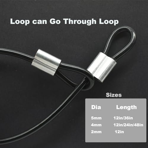 5 Pcs 4mm Wire 48 inch Vinyl Coated Stainless Steel Cable with Loops Short Wire Rope Lanyard Lock Security Chain Link for Outdoor Gates (4mm(T) x 48 in(L) 5PCS / Black)