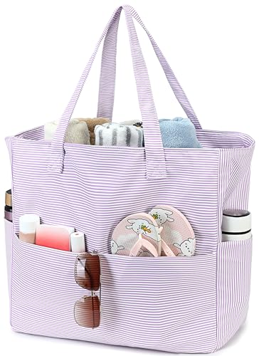 Beach Bag Waterproof Sandproof Women Beach Tote Swim Pool Bag with Zipper Wet Pocket for Gym Grocery Travel Family (Light Purple White)