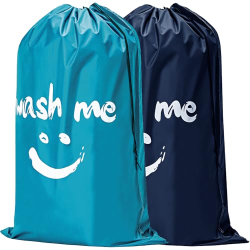 2 Pack XL Laundry Bag 28" x 40" ((Ⅰ-Wash me) Blue & Sky Blue)