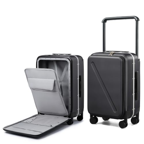 Wide Handle Luggage with Front Pocket Hardshell Aluminium Check In Suitcase with Wheels Medium 24 Inch Front Opening Checked Luggage with Spinner Wheels TSA Lock Airline Approved Luggage (Checked Medium 24 Inch / Black)