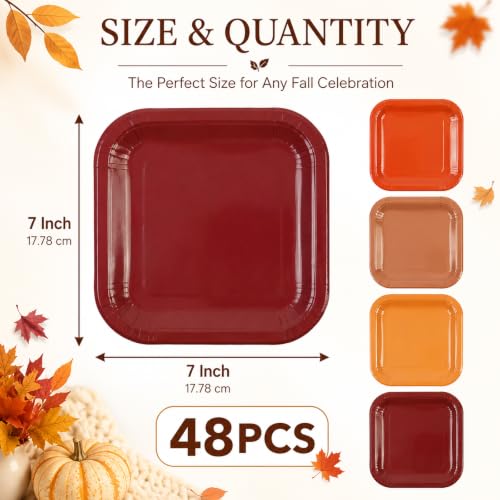 48PCS Fall Disposable Paper Plates 7 inch Square Party Decor (Multicolor)