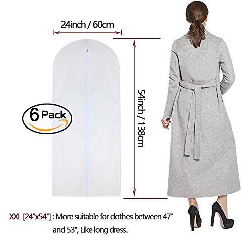 Dress Bags for Hanging Clothes 24'' x 54'' Long Dress Hanging Garment Bag White Breathable Garment Bags for Hanging Clothes Full Zipper Dust Cover for Storage Closet Pack of 6 (24'' x 54''/6 Pack / White-Translucent)