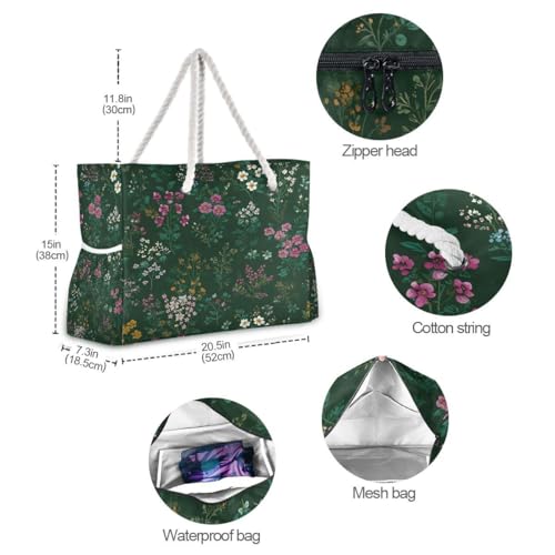 Large Beach Bags Totes Canvas Tote Shoulder Bag Soft Wave Water Resistant Bags for Gym Travel Daily Ocean (Colorful Flowers)
