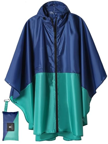 Adult Rain Poncho Waterproof Hooded Zipper Raincoat with Pockets (One Size / Green-blue)