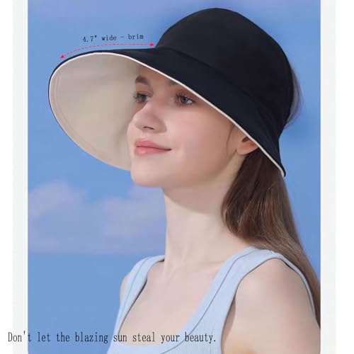 Sun Hats for Womens Wide Brim UV Protection Fishing Hats Packable Reversible Hollow Top Sun Hat for Women Hat for Ponytail Black (Black)