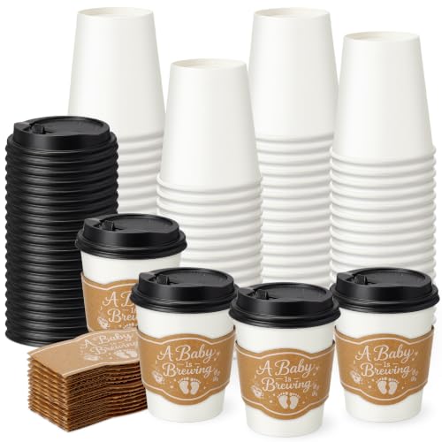 48 Sets 8 oz A Baby Is Brewing Coffee Cups with Lids and Sleeves (Baby)