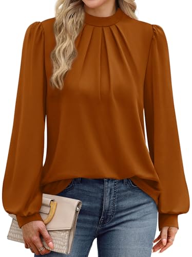 Fall Outfits for Women 2026 Long Sleeve Shirts for Women Blouses Business Casual Womens Tops Mock Neck Tunic Fall Tops Pleated Winter Clothes Fashion Clothing Caramel S (05 - Caramel / Small)