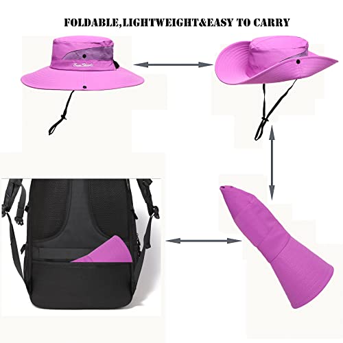 Womens Summer Sun Hat Beach Hat Wide Brim Outdoor UV Protection Hat Foldable Cool Mesh Ponytail Bucket Hat (6-7 / Pure Purple)
