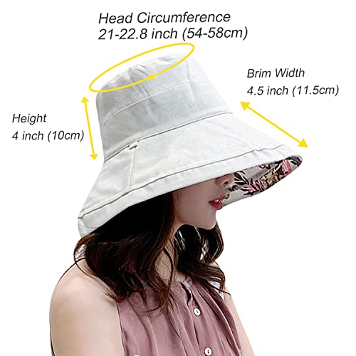 Women Floral Reversible Wide Brim Sun Hats Summer UV Protection Hiking Fishing Hat Wired Edge Beach Garden Lawn Work Cap Chin Strap (Medium / Qf002-mise)