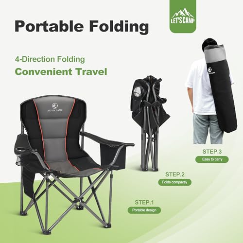 Folding Camping Chair Oversized Heavy Duty Padded Outdoor Chair (Black / Twin Pack)