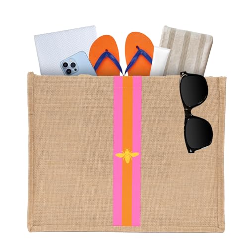 Large Beach Bag Jute Woven Pink and Orange. Pool and beach bags for women (Pink and Orange)