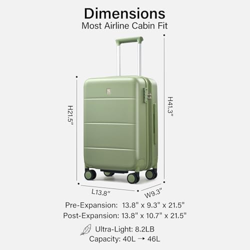 Carry On Luggage 22x14x9 Airline Approved Hardside 20 Inch Suitcase (Bamboo Green / 20 Inch EXT)