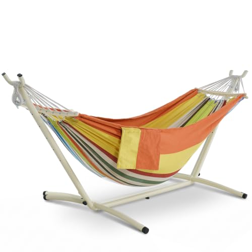 LazyDaze Hammocks Double Hammock with Stand (White Frame- Orange Green)