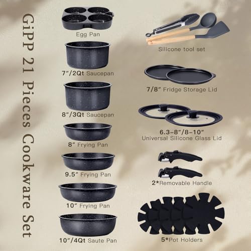 21PCS Pots and Pans Set Nonstick Cookware Set with Detachable Handle (Dark Gray / 21PCS-Standard)
