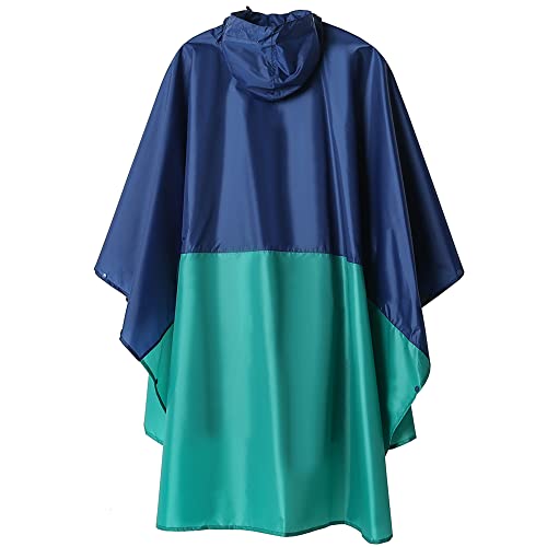 Adult Rain Poncho Waterproof Hooded Zipper Raincoat with Pockets (One Size / Green-blue)