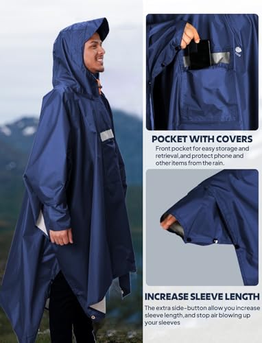 Hooded Rain Poncho for Adult Waterproof Lightweight Raincoat (Dark Blue)