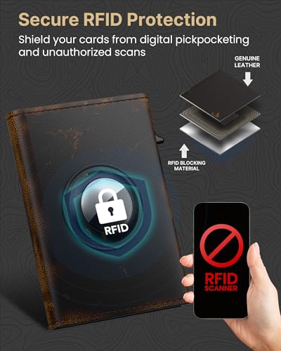 Mens Leather RFID Blocking Minimalist Slim Wallet for AirTag (Bronze)