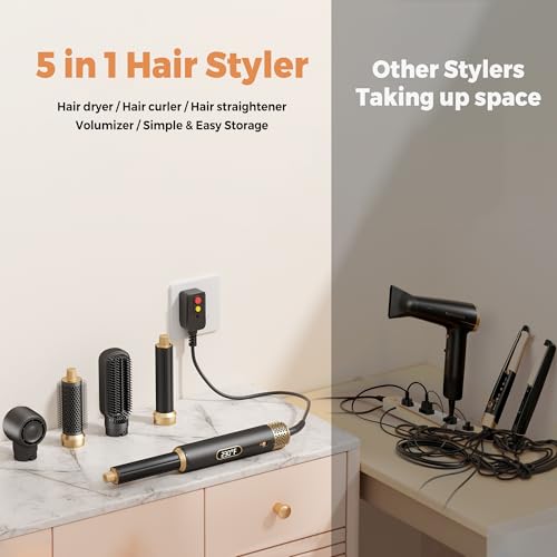 5-in-1 Hot Air Styler & Blow Dryer Brush Set - 700W Gentle Temperature Hair Multi-Styler with Auto-Wrap Curlers & Round Brush for Fine, Thin, or Damaged Hair, 100-120V US Outlet Only (Black Gold)