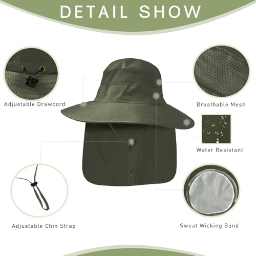 Fishing Hat Breathable Wide Brim Sun Hats with Neck Flap Bucket Hat Outdoor Safari Hat for Men Women UPF 50+ Sun Protection ArmyGreen (Armygreen)