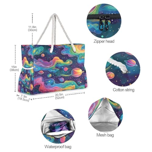 Large Beach Bags Totes Canvas Tote Shoulder Bag Soft Wave Water Resistant Bags for Gym Travel Daily Ocean (Rainbow Planet Dream)