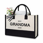 Embroidery Canvas Tote Bag for Women (Black & White / Best Grandma Ever)