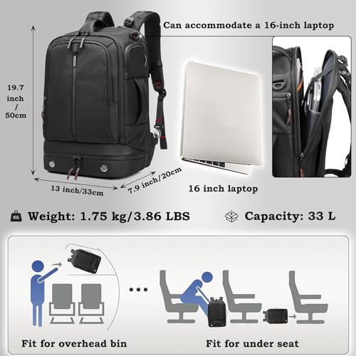 16 Inch Laptop Backpack Water Resistant Carry On Daypack Backpack Anti Theft Travel Rucksack Backpack with Shoe Compartment Shoulder Strap for Men Women (Black)