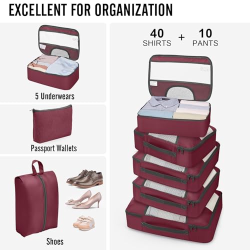 10 Set Packing Cubes for Travel Essentials (12 Wine Red)