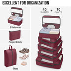10 Set Packing Cubes for Travel Essentials (12 Wine Red)