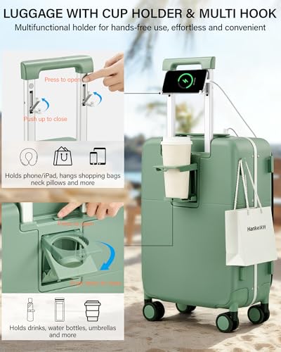 24 Inch Top Opening Checked Luggage with Cup Holder and USB Ports (Forest Green / 24 Inch Pro)