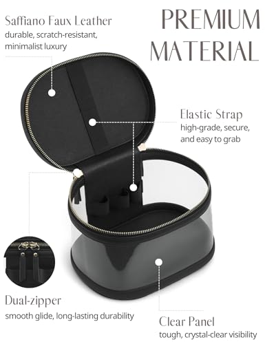 Travel Makeup Bag Clear Compact Make Up Vanity Case with Brush Storage and Top Handle (Black / Train Case)
