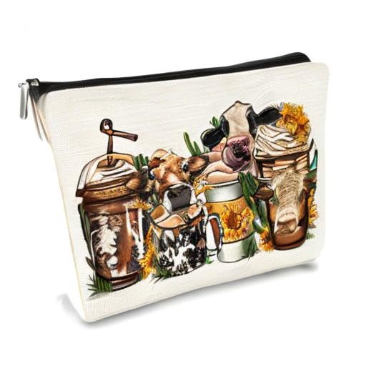 Western Heifer Cow Coffee Drink Cowgirl Cowboy Sunflower Icecream Cup Cactus Ranch Girls Makeup Bag Cosmetic Bag Best Birthday Christmas Gift Idea for Cowgirls Teen Girls Women (J)