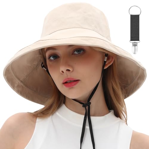 Womens Sun Hats Wide Brim Reversible Bucket Cotton Hat Packable Summer Travel Cap with Hat Clip (Large / Beige1)