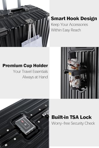 26 Inch Checked Zipperless Luggage with Cup Holder (Black (PC+Aluminum) / Checked in 26inch)