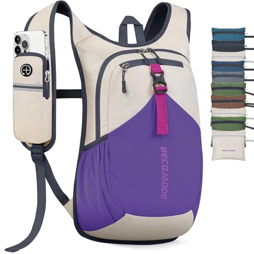 15L Small Hiking Backpack for Men Women Foldable Packable Back Pack Ultralight Hiking Daypack for Travel Camping Outdoor (Beige Purple / 15L)