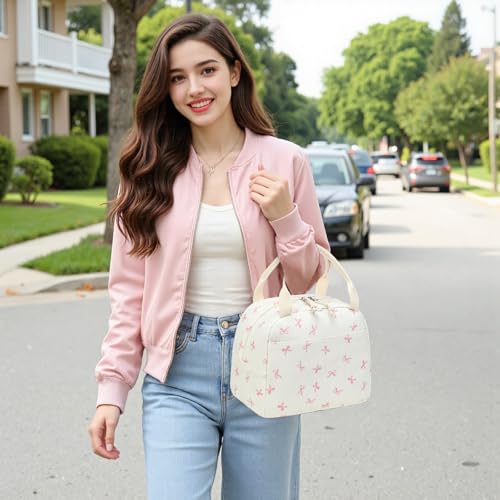 Lunch Bag for Women Men Cute Corduroy Lunch Tote Bags Reusable Insulated Lunch Box Large Capacity Reusable Insulated Cooler for Work Picnic or Travel (Bowtie-Pink / 10L)