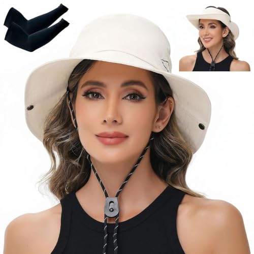 Sun Hats for Women Bucket Hat UV Protection Fishing Hat Wide Brim Safari Hats 2 in 1 Zip (With One Pair Cooling Sleeves-1pack-beige)