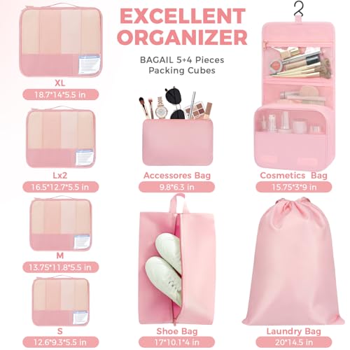 9 Set Packing Cubes with Packing List Luggage Packing Organizers for Travel Accessories (Pink)