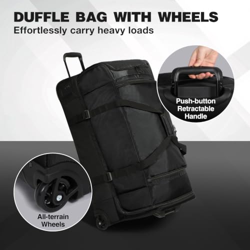 33" Large Rolling Duffle Bag with Wheels and Handle for Travel (33" Black)