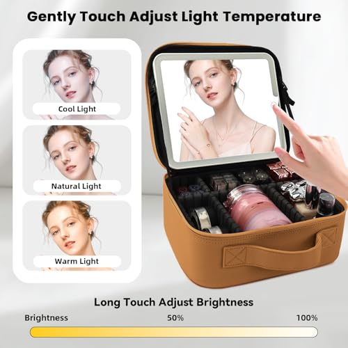 Makeup Bag with Mirror (Light Brown / Makeup bag with LED lights)
