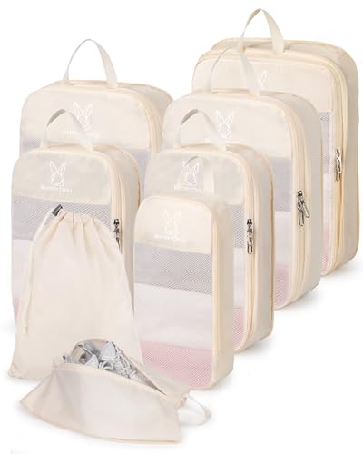 6 Set Space Saving Compression Packing Cubes Lightweight Packing Cube Begie (Beige / 6 Pcs(XL,L,M*2,S,laundry bag))