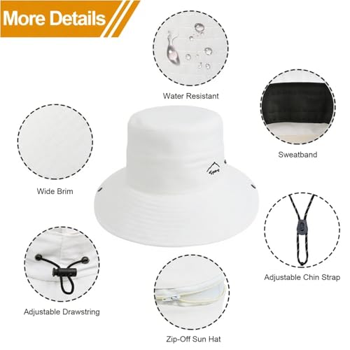 Sun Hats for Women Bucket Hat UV Protection Fishing Hat Wide Brim Safari Hats 2 in 1 Zip (With One Pair Cooling Sleeves-1pack-white)
